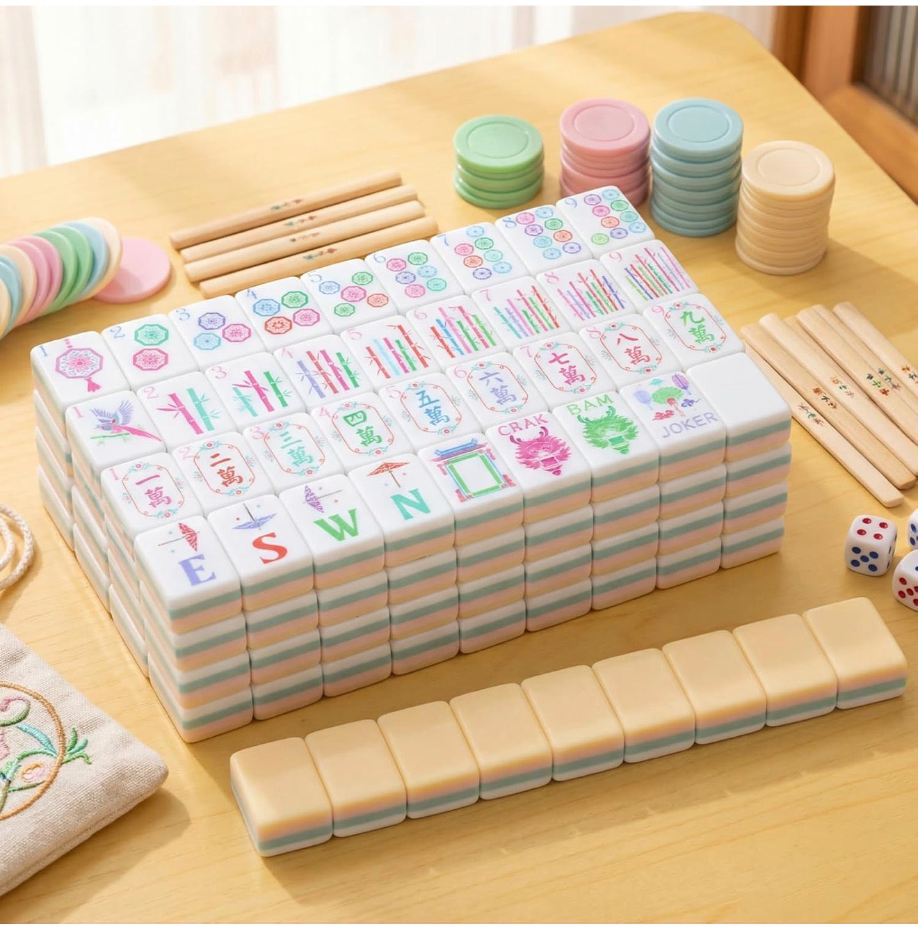 American Mahjong Sets 160 Mahjong Tiles Melamine Engraved Mah Jong Ideal for Home & Party Games, Champagne